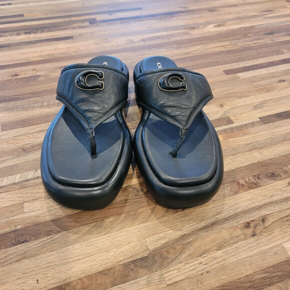 Coach Sylvie Black Leather Logo Platform Thong Sandal - Picture 6 of 13